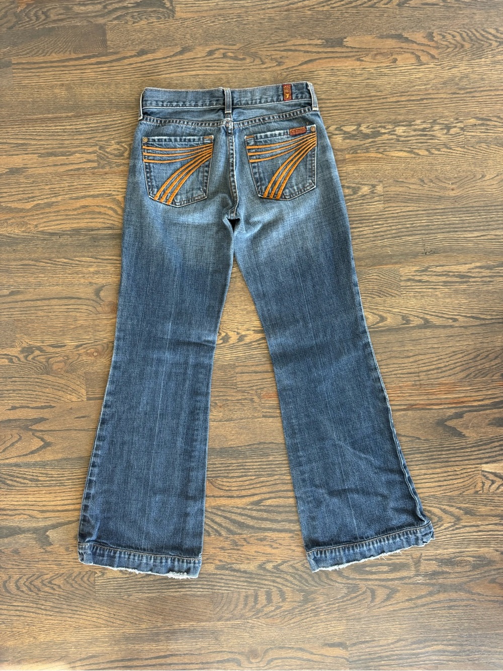 7 For All Mankind Blue Bootcut Jeans with Orange Pocket Stitching